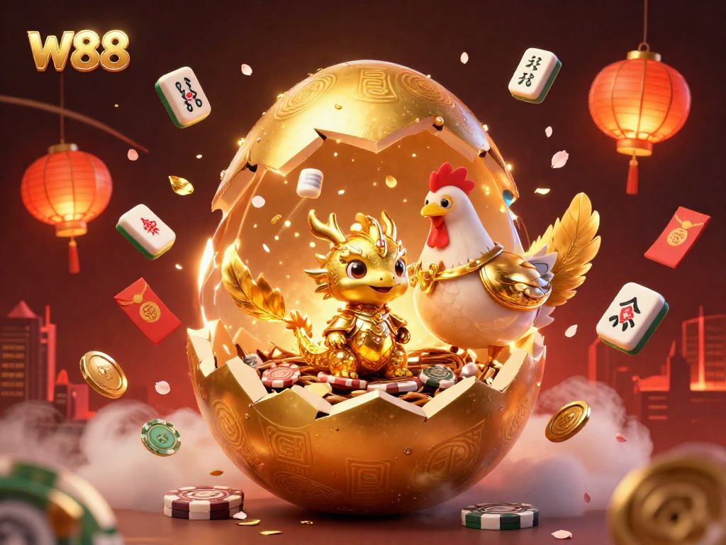 Experience thrilling wins at W88 with golden dragons and poker chips in a vibrant casino scene.