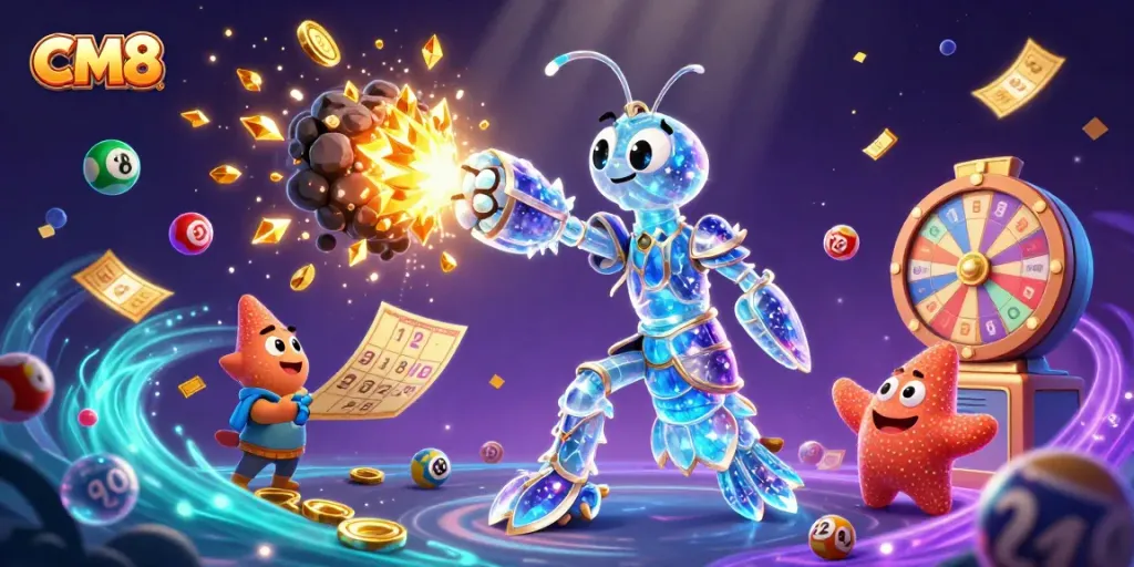 Engage with CM8's winning strategies in a vibrant casino adventure illustration.