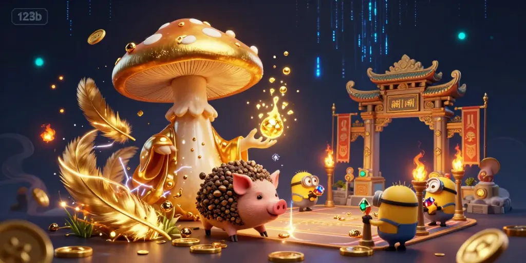 Engage with 123b's vibrant magic scene with a wizard, treasure pig, and enchanted elements.