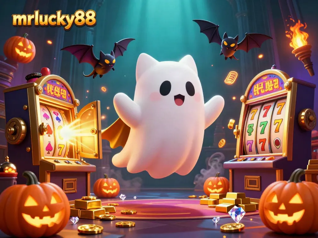 Experience thrilling gameplay at mrlucky88 with friendly ghost cat and vampire bat in a haunted casino.