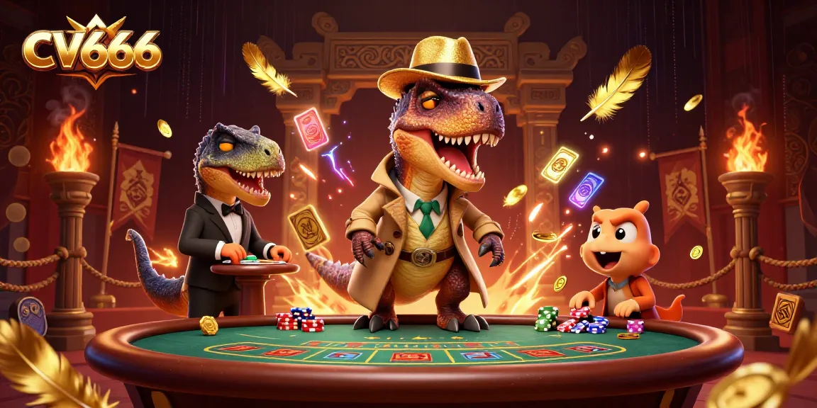 CV666 velociraptor card counter at a blackjack table amidst vibrant casino elements.