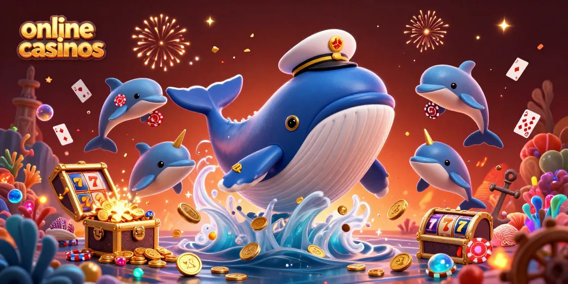 Experience exciting online casinos with vibrant 3D illustration of a captain whale, narwhal, and dolphins.
