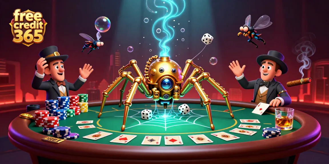 Experience the thrill of free credit 365 gambling with a golden spider, poker chips, and a whimsical fly gentleman.